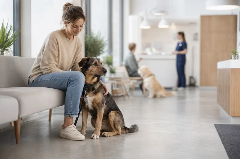 Ein Harrier Hund sitzt ruhig neben seinem Besitzer im hellen Wartezimmer einer modernen Tierarztpraxis.